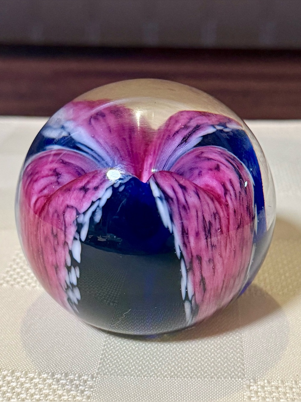 Vintage 1997 Glass Eye Studio Art Pink Flower Paperweight Stunning GES